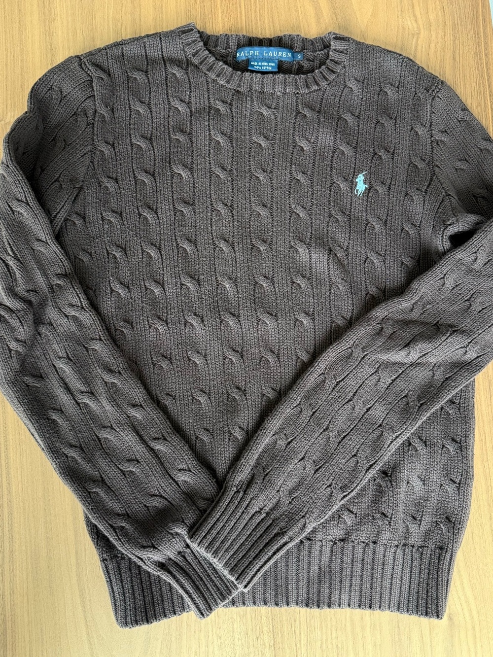 Ralph Lauren Chocolate Brown Cable Knit cotton Crewneck Sweater